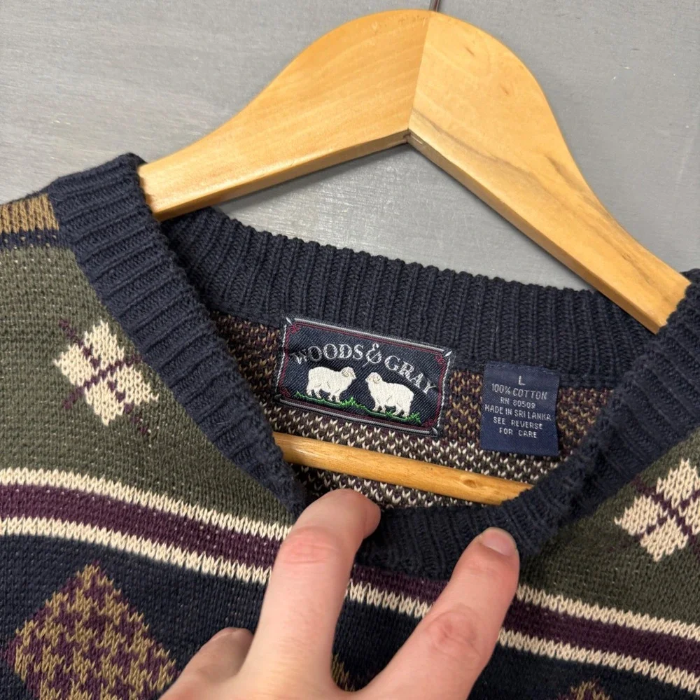 Woods & Gray Sweater Multi-Color Geometric Argyle Knit Retro Cotton Mens Large